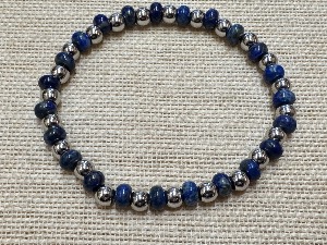 Lapis Lazuli 'button' Bead, with Stainless Steel Beads - 21cm Elasticated Bracelet (refSHMB122967) 