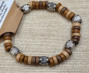 Wooden Beads with Stainless Steel Spacers - 20cm Elasticated Bracelet (ref SHMB122981)